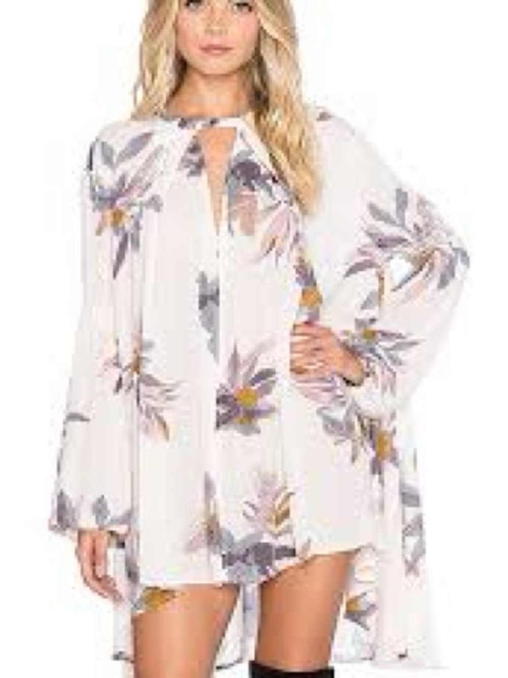 Free People White Floral Mini Dress with Purple and Mustard Accents